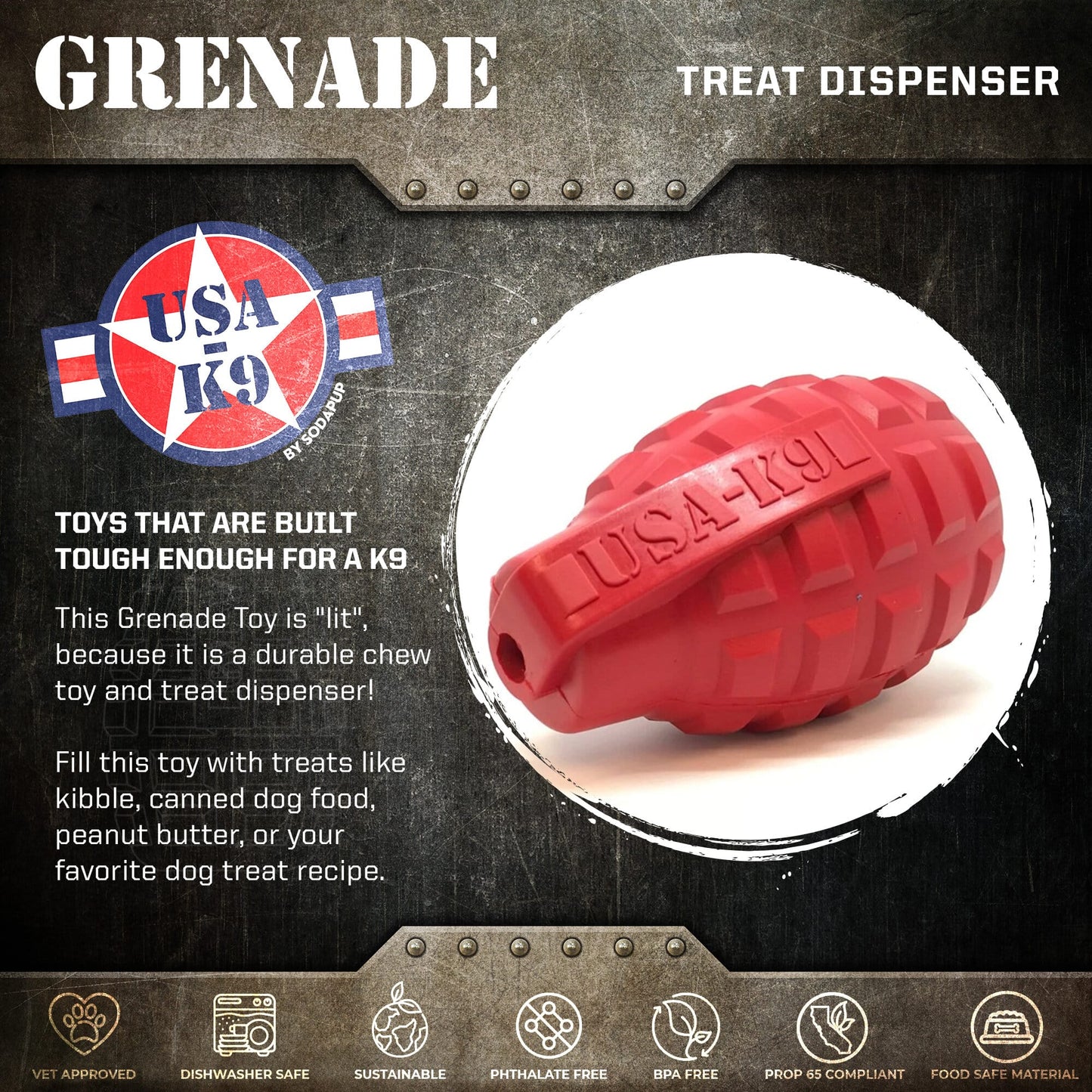 Grenade Shaped eDispenser Durable Dog Chew Toy & Treat Dispenser - Red & Blue