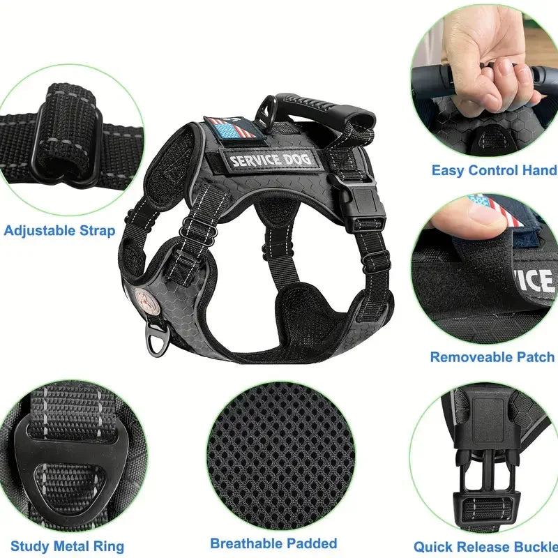 Borksy Reflective Service Dog Harness Set – Adjustable Comfort Vest with Leash