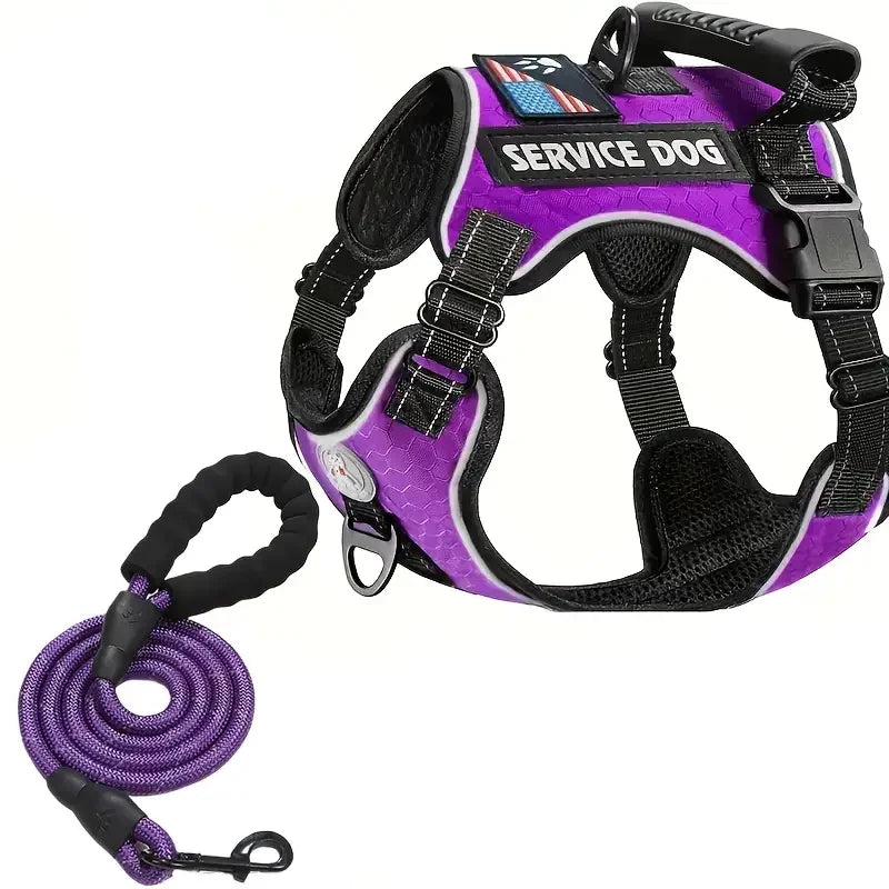 Borksy Reflective Service Dog Harness Set – Adjustable Comfort Vest with Leash