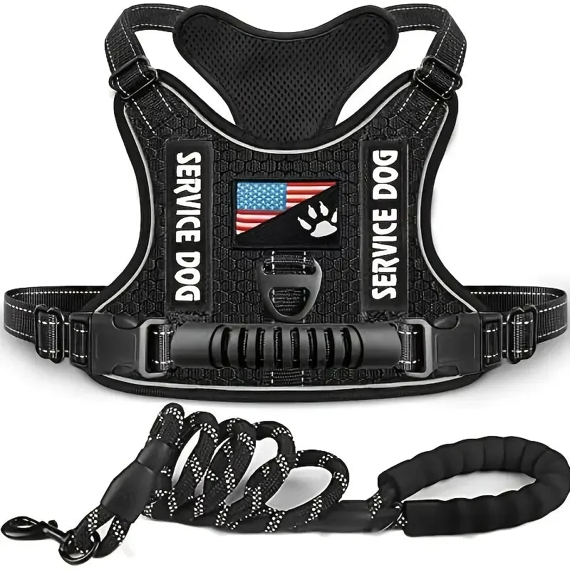 Borksy Reflective Service Dog Harness Set – Adjustable Comfort Vest with Leash