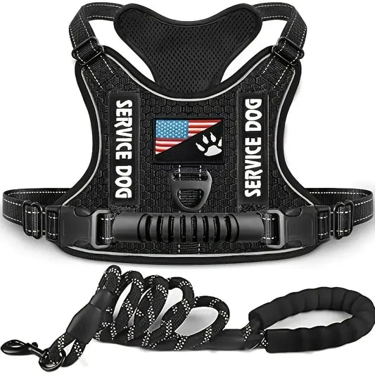 Borksy Reflective Service Dog Harness Set – Adjustable Comfort Vest with Leash