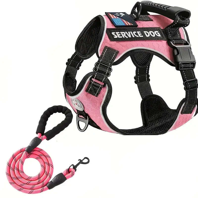Borksy Reflective Service Dog Harness Set – Adjustable Comfort Vest with Leash