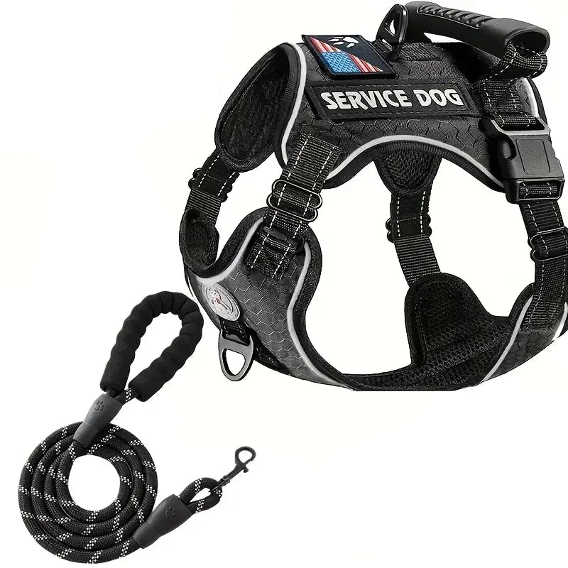 Borksy Reflective Service Dog Harness Set – Adjustable Comfort Vest with Leash