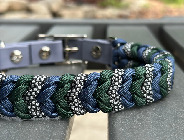 Coiled Charm Hand Braided Dog Collar in Navy, Emerald Green, & Silver Diamonds