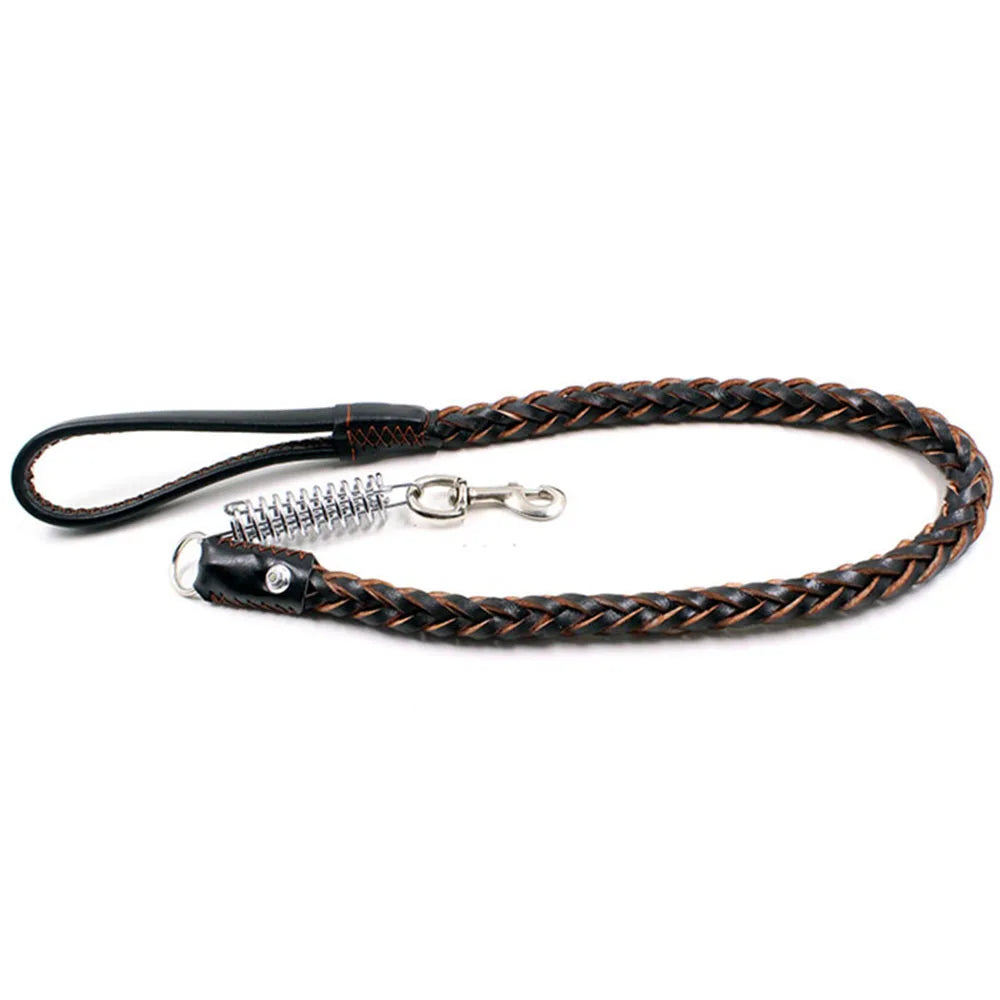 Strong Real Leather Dog Leash with No Pull Buffer Spring Braided Heavy Duty Training Lead for Large Dogs