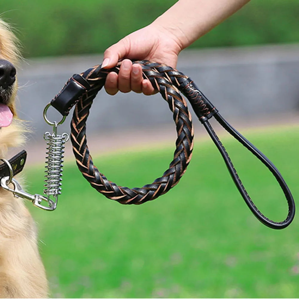 Strong Real Leather Dog Leash with No Pull Buffer Spring Braided Heavy Duty Training Lead for Large Dogs