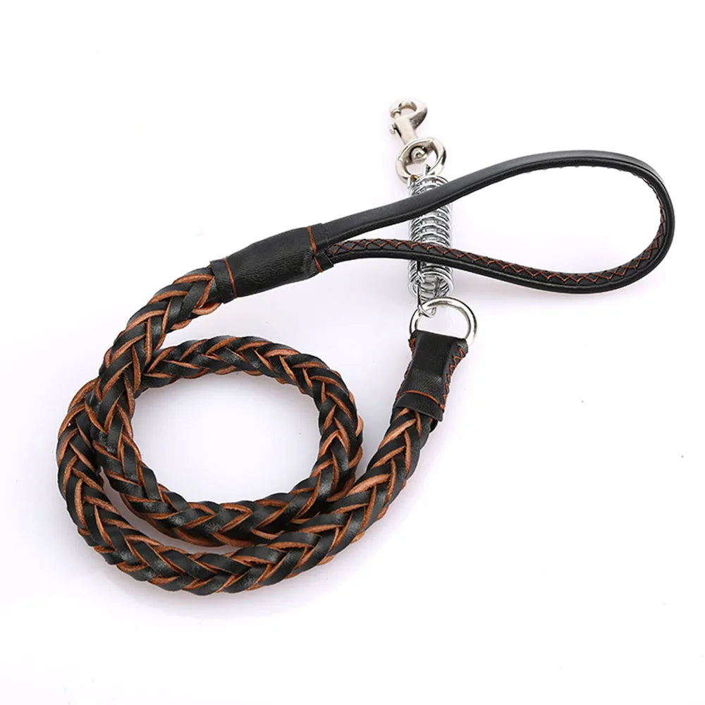 Strong Real Leather Dog Leash with No Pull Buffer Spring Braided Heavy Duty Training Lead for Large Dogs