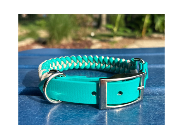 Fishtail Hand Braided Dog Collar in Teal & Cream