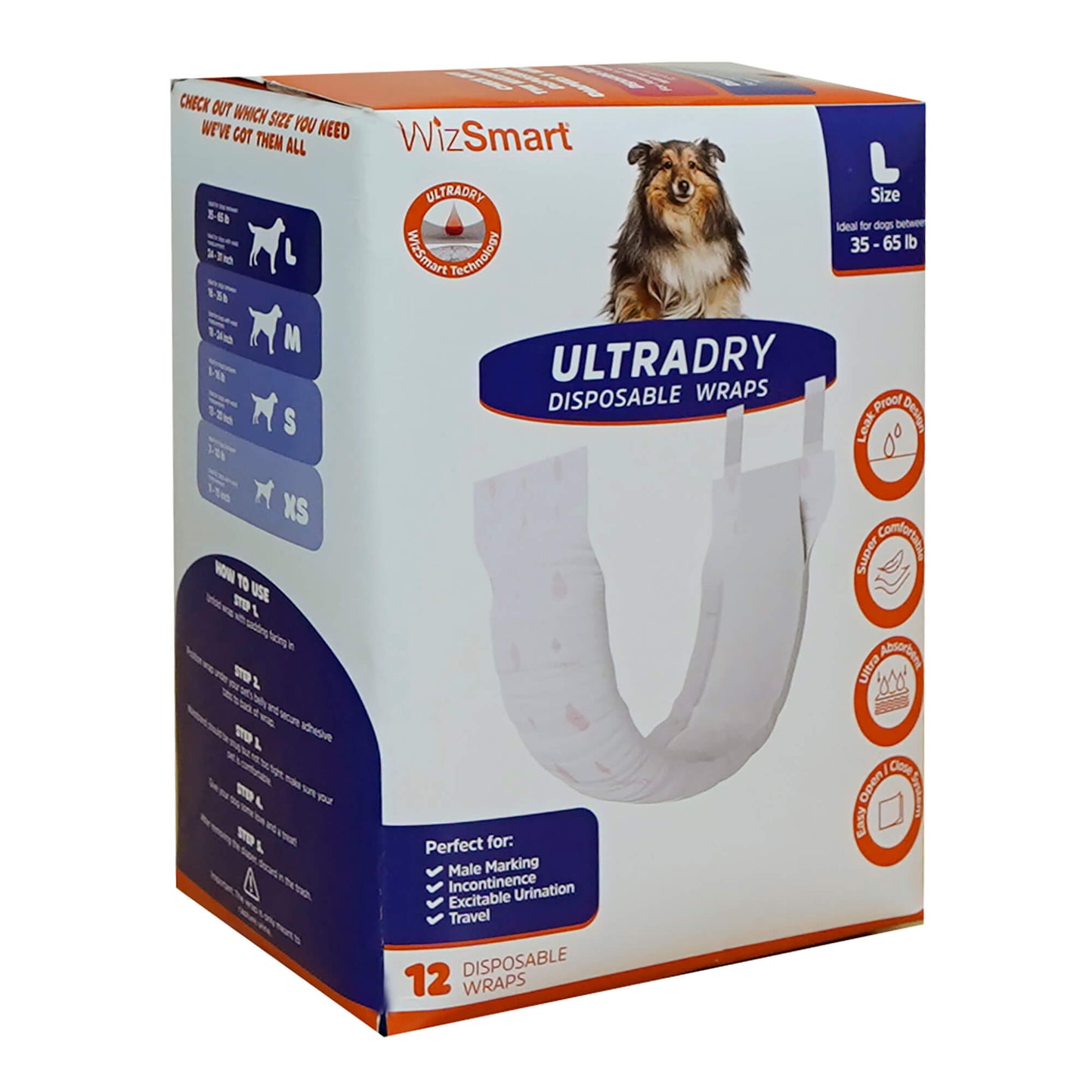 WizSmart UltraDry Disposable Male Dog Wraps, 12 ct
